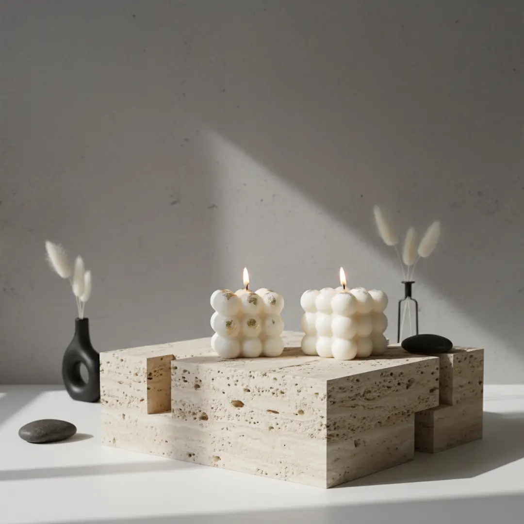 Bubble cube candle front view with soft glow