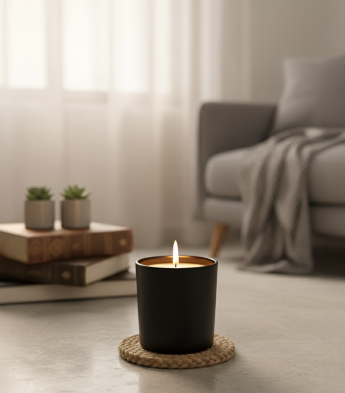 Black jar candle with warm flame in modern minimalist living room