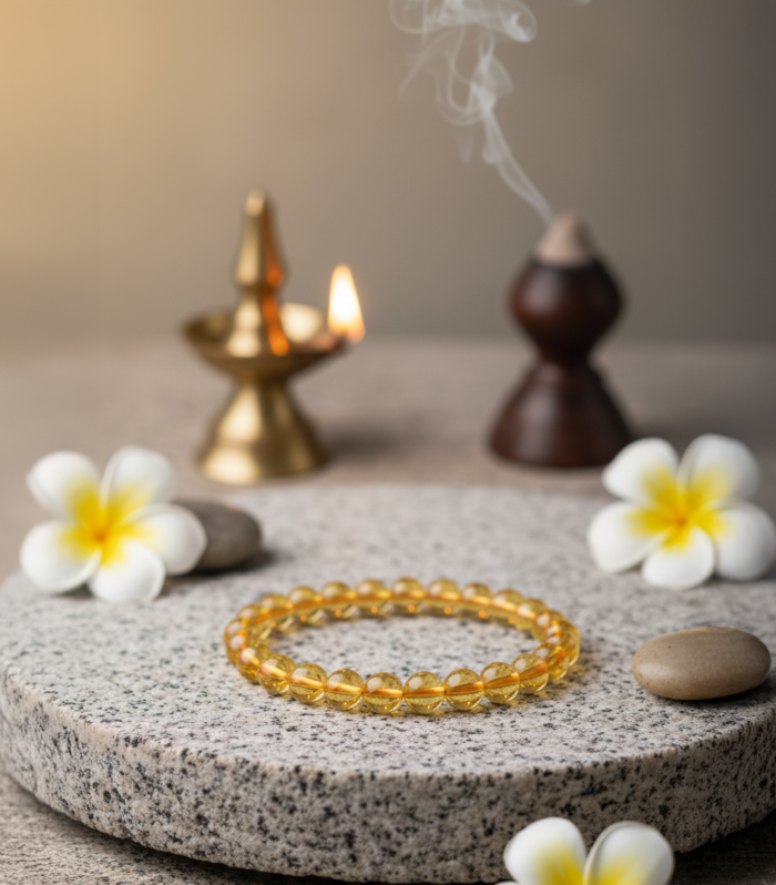 Natural citrine crystal bracelet with golden yellow round beads for wealth, abundance and healing
