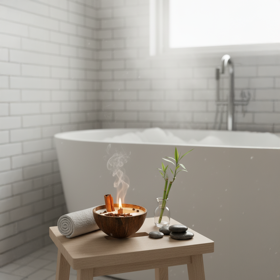 Lit coconut shell candle creating warm ambient light