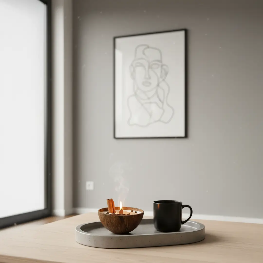 Coconut shell jar candle top view with wooden wick and spices
