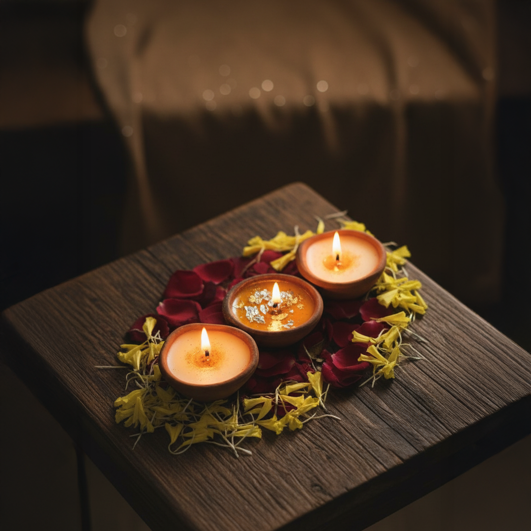 Decorative diya candle with flowers for pooja setup
