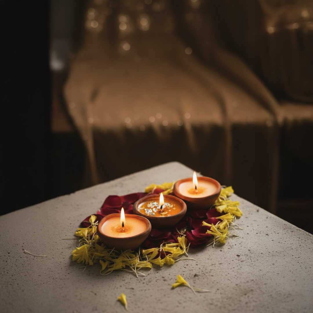Lit diya candle in clay holder for Diwali decoration