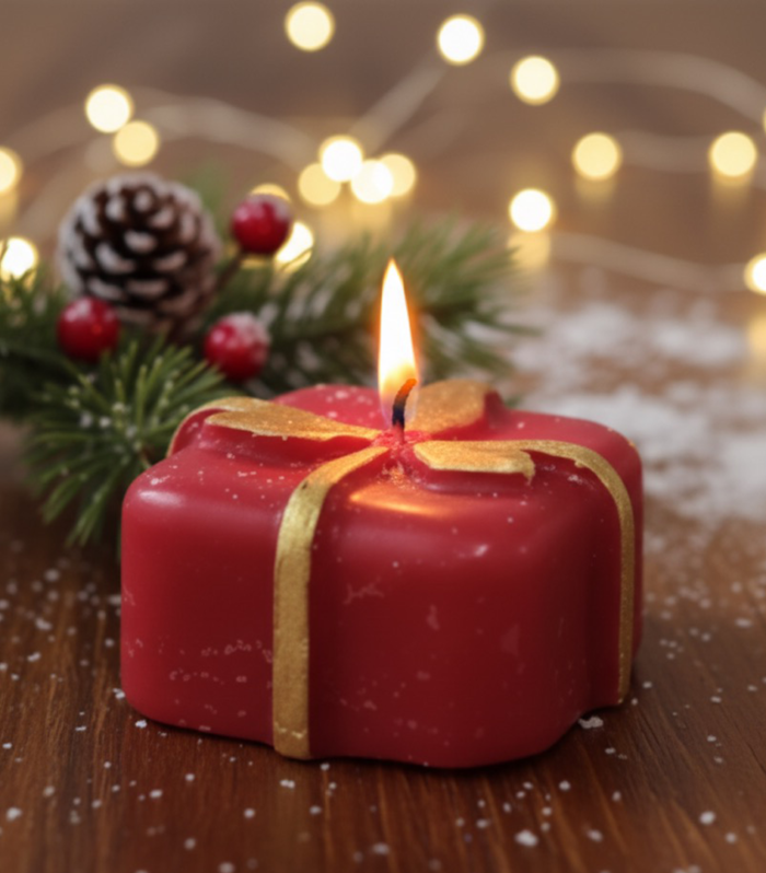 Gift box shaped decorative candle with festive design