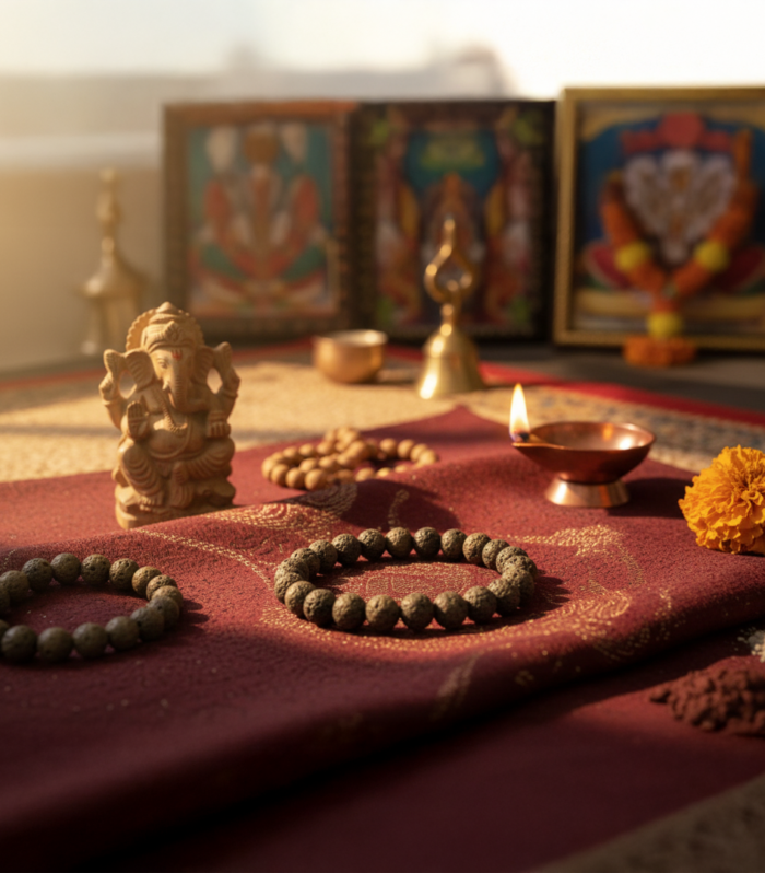 Natural lava stone bead meditation bracelet placed on pooja cloth with diya and spiritual idols