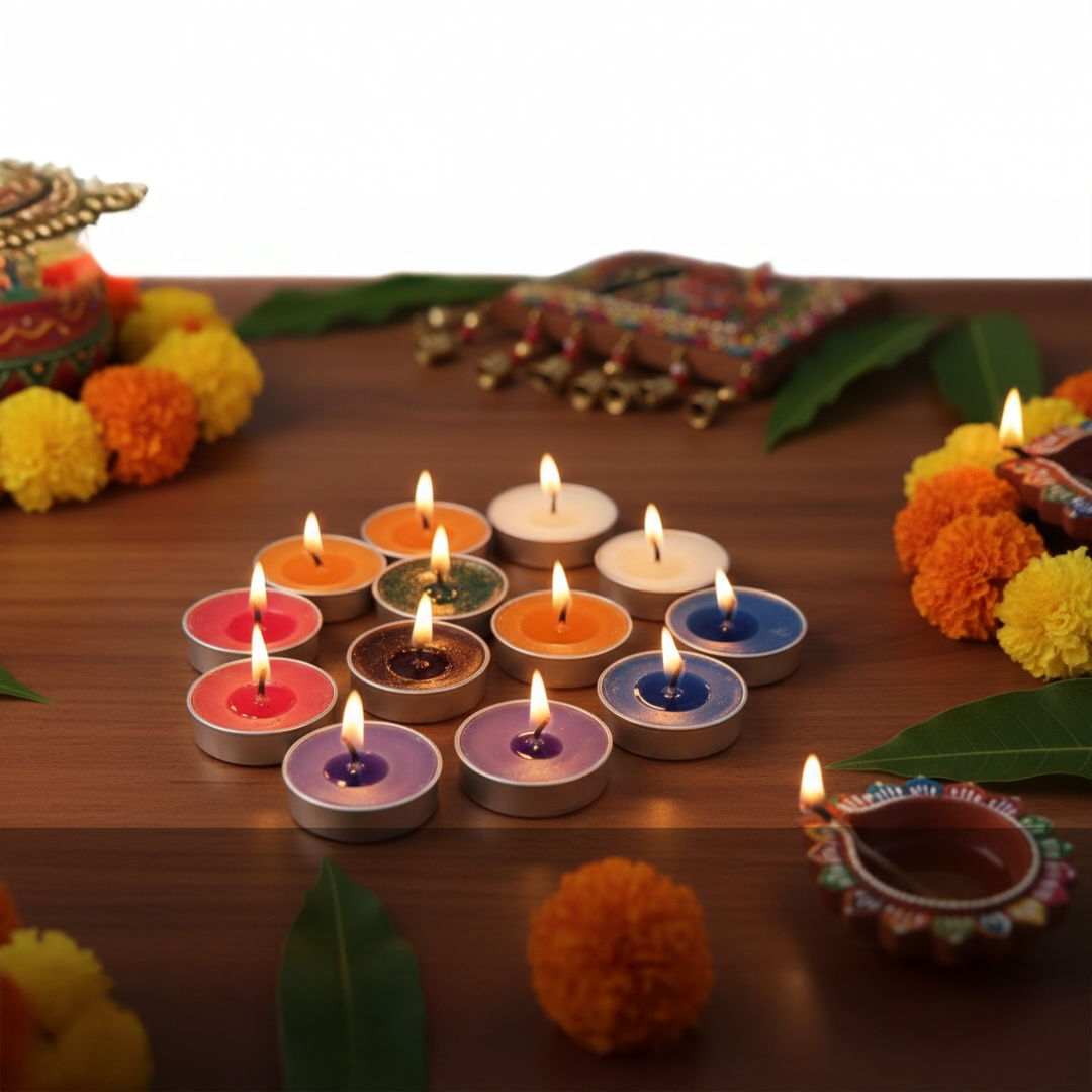 Decorative tea light candles arranged with flower petals