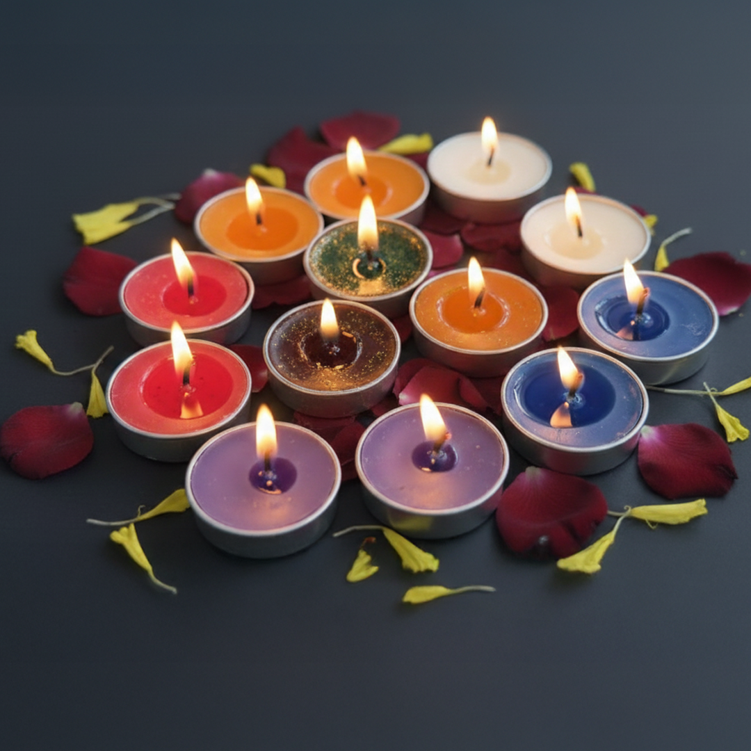 Multicolor tea light candles lit for festive home décor