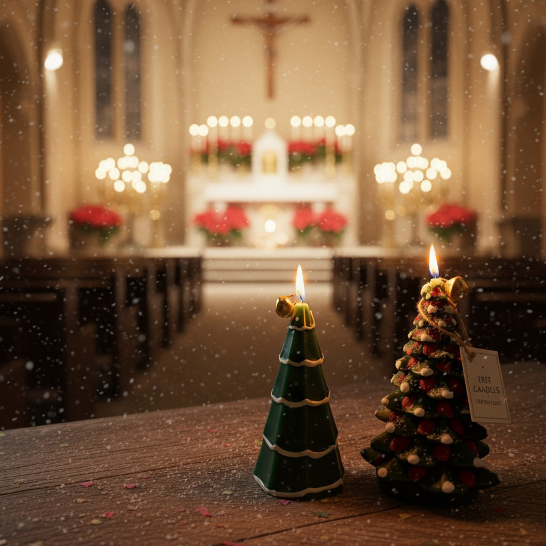 Christmas tree shaped candle lit for holiday decoration