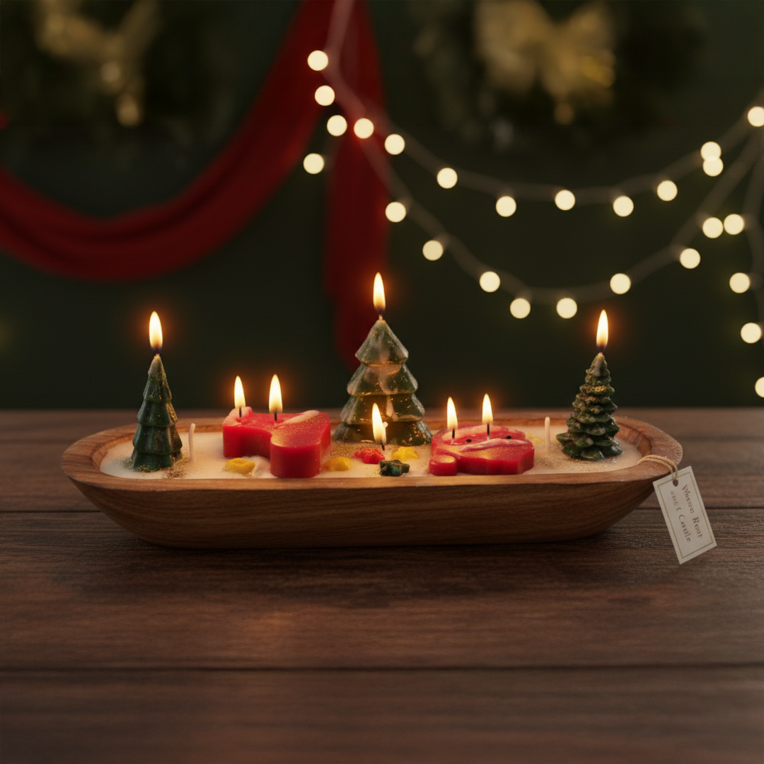 Lit wooden boat candle creating warm festive ambience