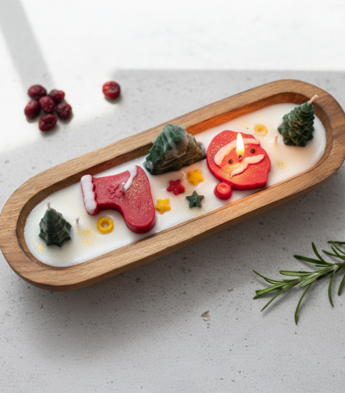 Wooden boat candle with festive wax decorations in a handcrafted wooden tray