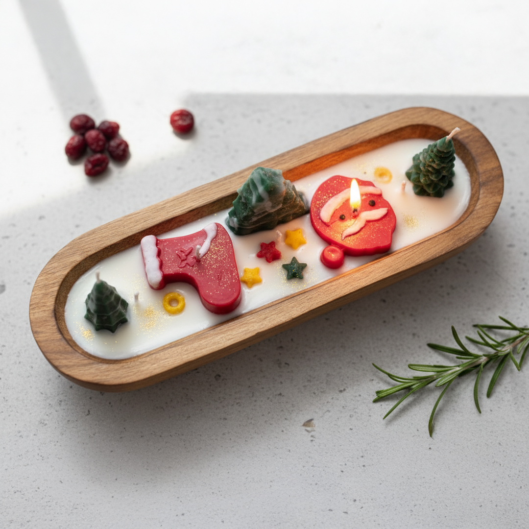 Wooden boat candle with festive wax decorations in a handcrafted wooden tray