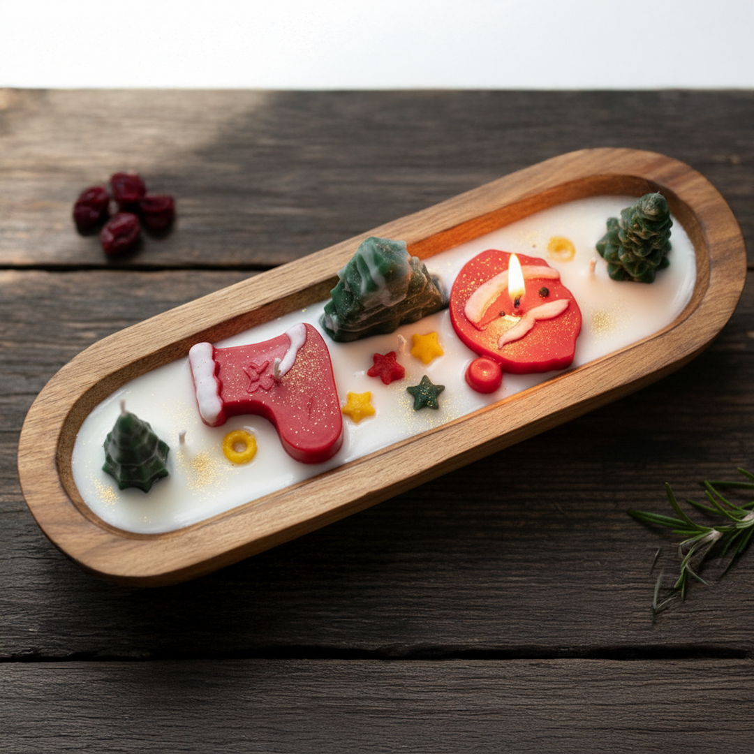 Top view of wooden boat candle with decorative festive wax elements
