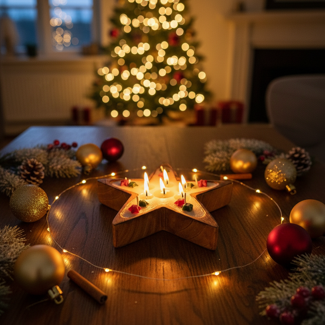 Multi wick wooden star candle for ambient lighting