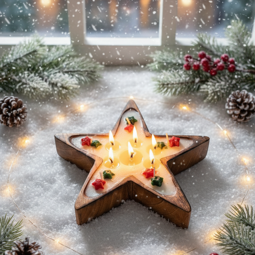 Handmade wooden star candle with multiple flames