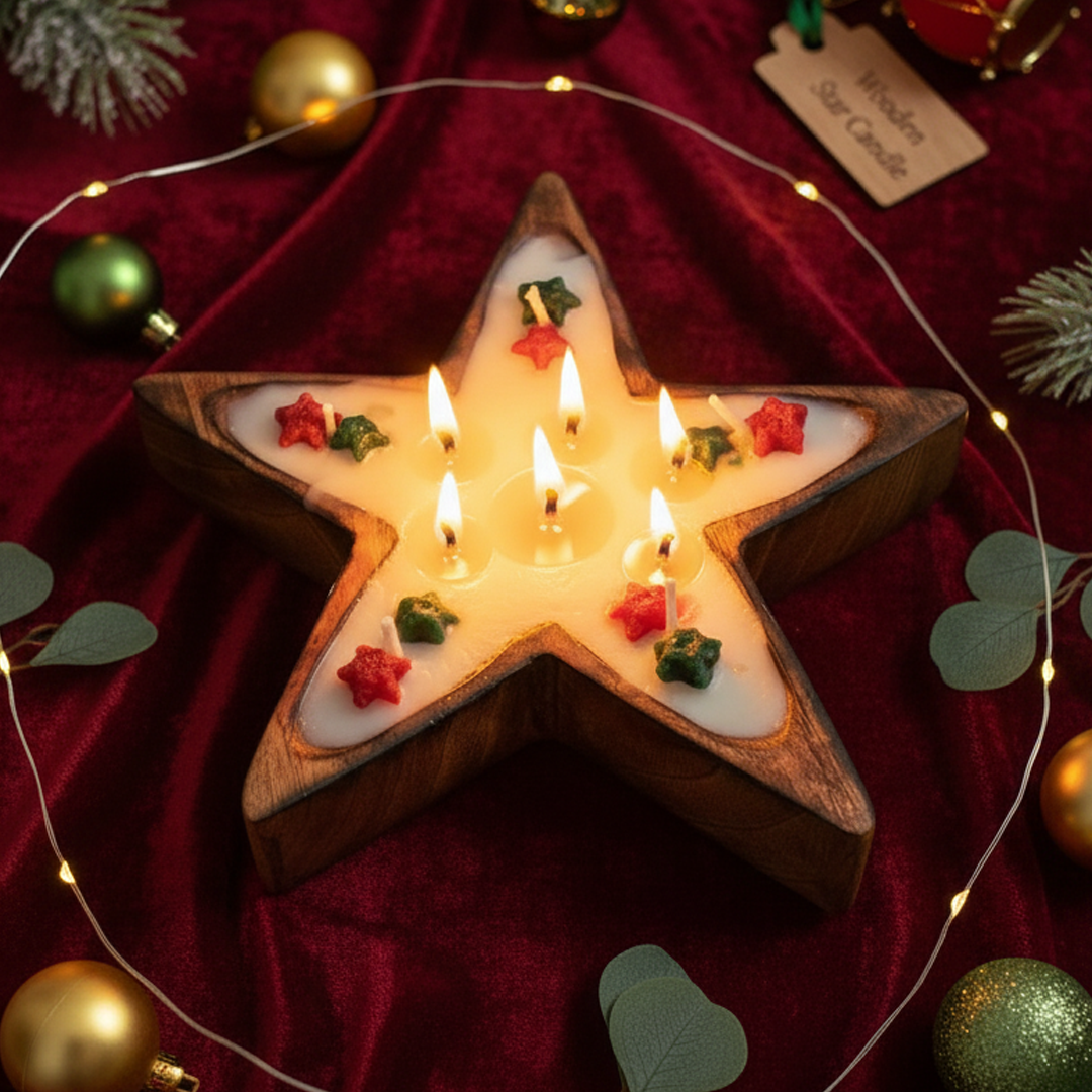Festive wooden star candle for Christmas decoration
