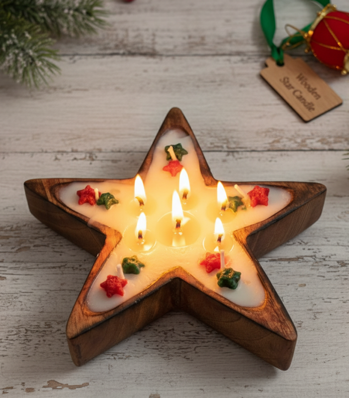 Wooden star candle with multiple wicks for festive home decor