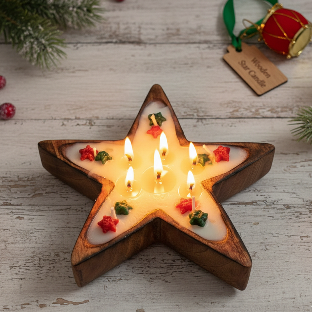 Wooden star candle with multiple wicks for festive home decor