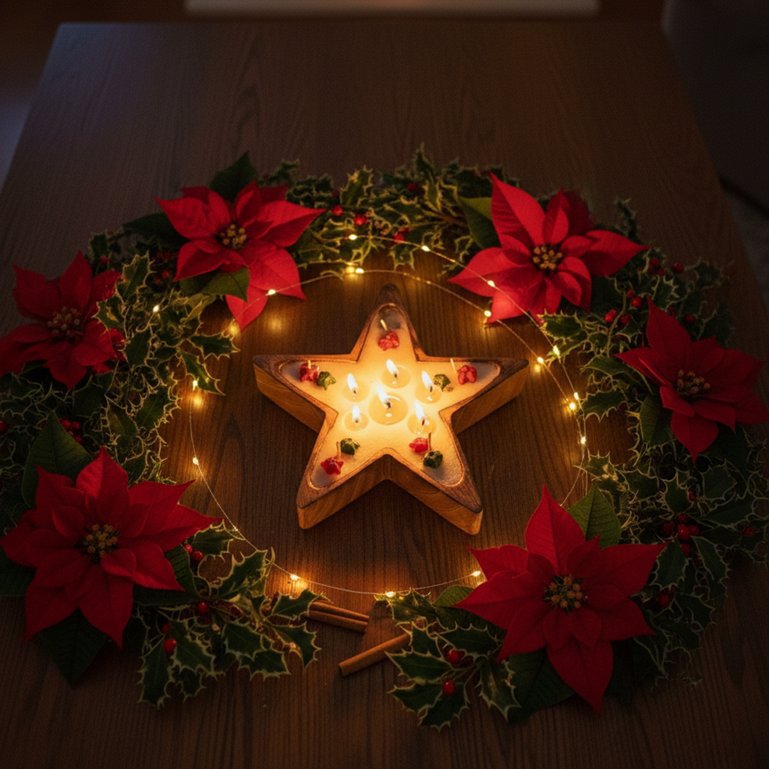 Star shaped wooden candle holder with decorative wax