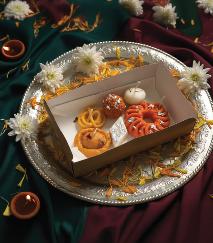 Handmade mithai box candle set inspired by traditional Indian sweets for Diwali d&eacute;cor