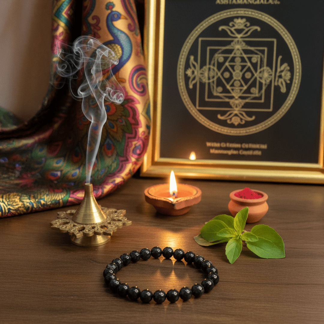Close-up of natural black agate stone bracelet showing smooth polished beads