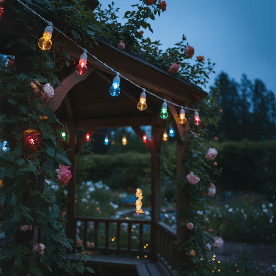 Decorative LED globe lights hanging with red wire for garden décor
