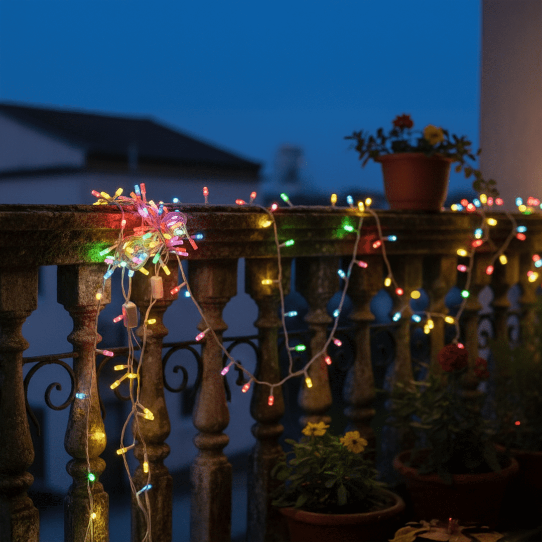 Colorful LED string lights wrapped around balcony railing