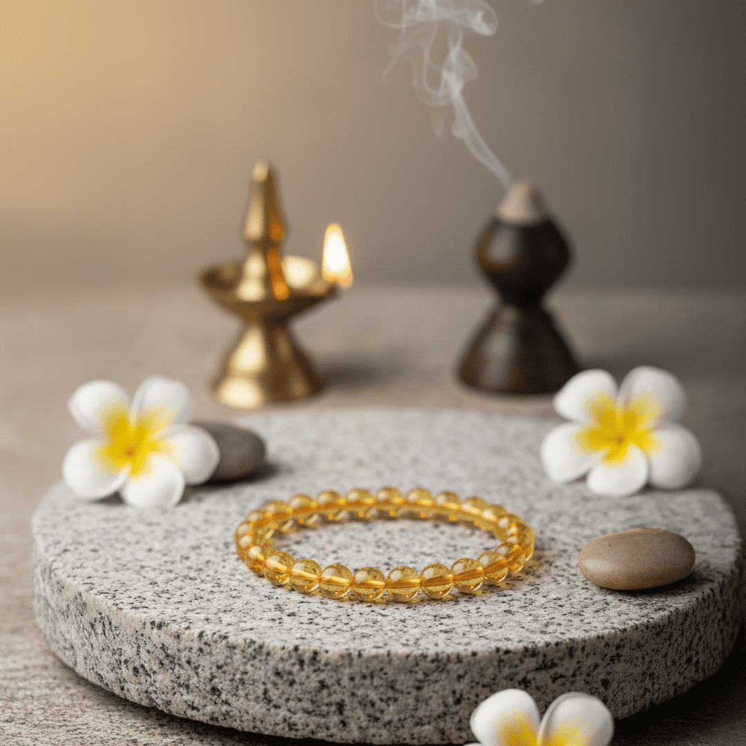 Natural citrine crystal bracelet with golden yellow round beads for wealth, abundance and healing