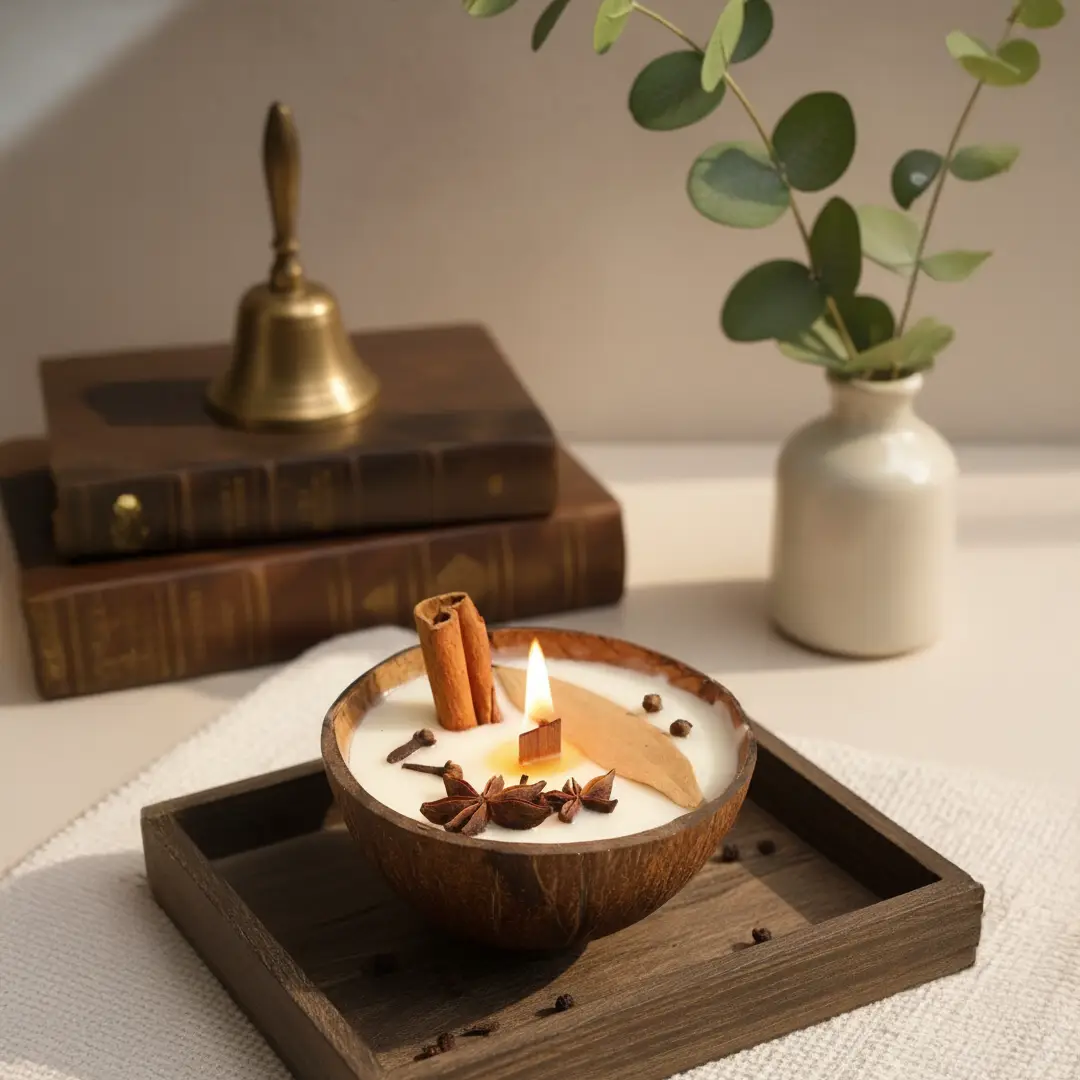 Handcrafted coconut shell jar candle with natural wax and wooden wick