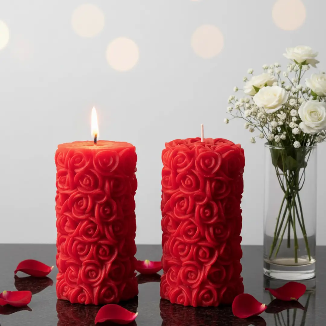 Red rose cylinder candle with floral rose design for home décor and gifting