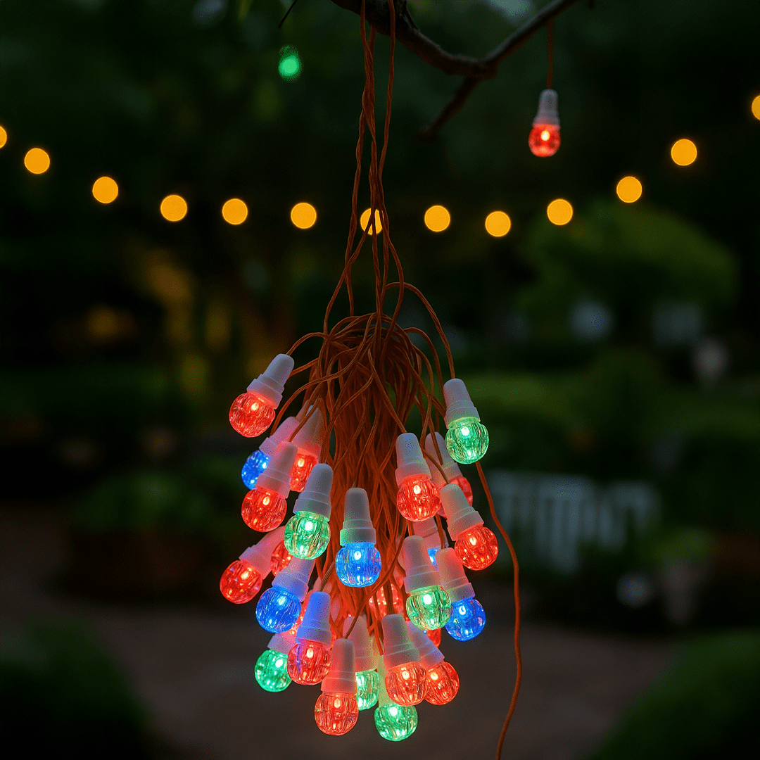 LED decorative string lights glowing in multicolor for outdoor garden decoration