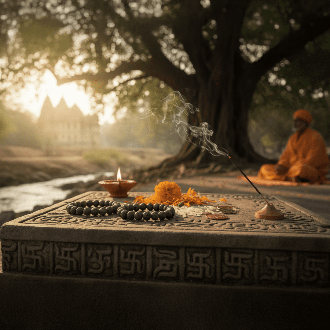 Natural healing lava stone bracelet displayed with diya and Ganesh idol