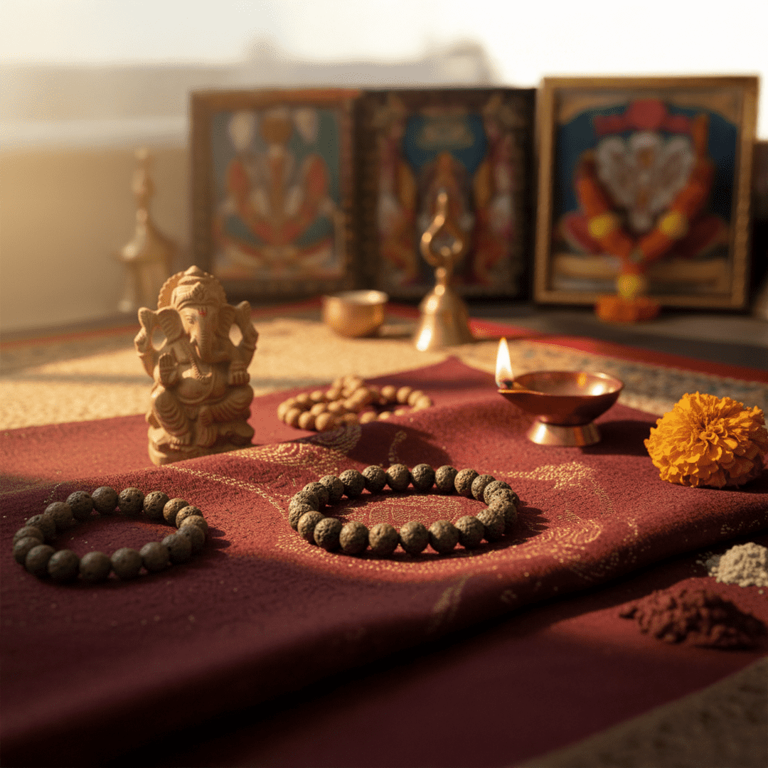 Natural lava stone bead meditation bracelet placed on pooja cloth with diya and spiritual idols