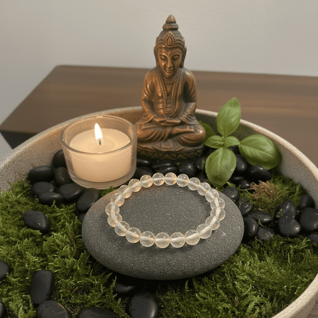 Handcrafted clear quartz crystal bracelet with transparent round beads