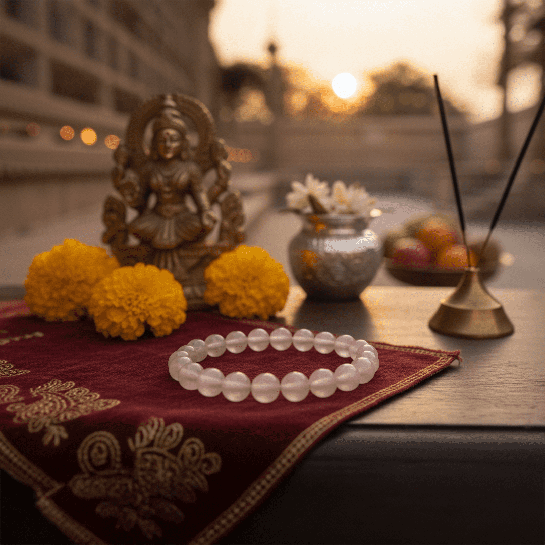 Top view of circular rose quartz bracelet arranged neatly on a red cloth altar at dusk