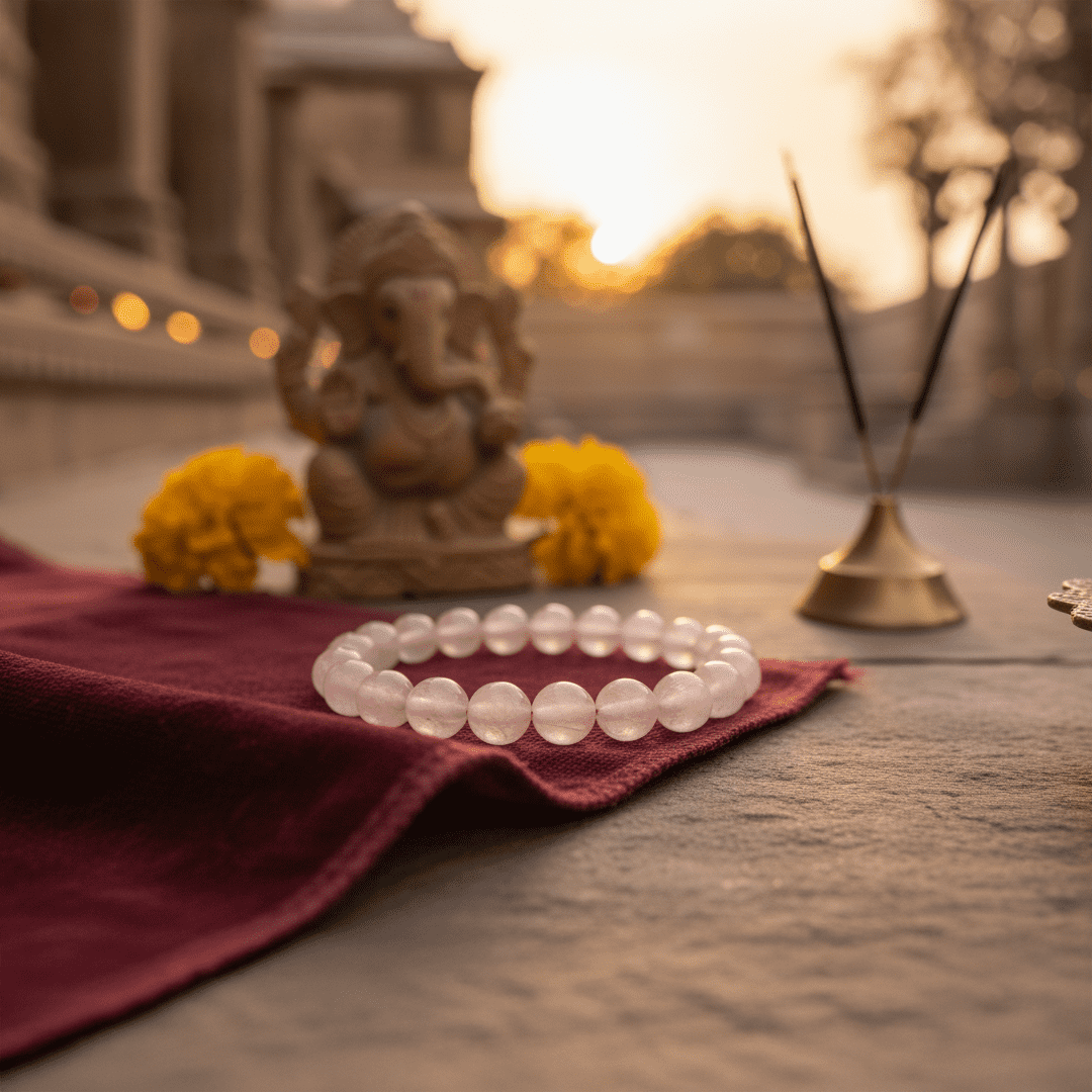 Rose quartz beaded bracelet on maroon cloth in front of a small Ganesh idol with marigold flowers and incense sticks at sunset