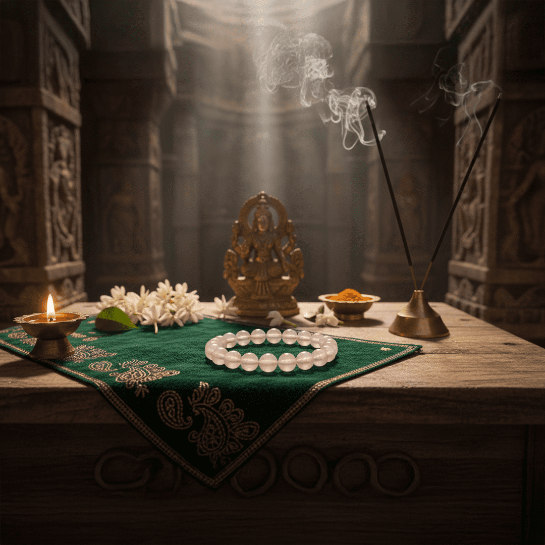 Rose quartz healing bracelet placed beside yellow marigold flowers and burning incense in a temple setting