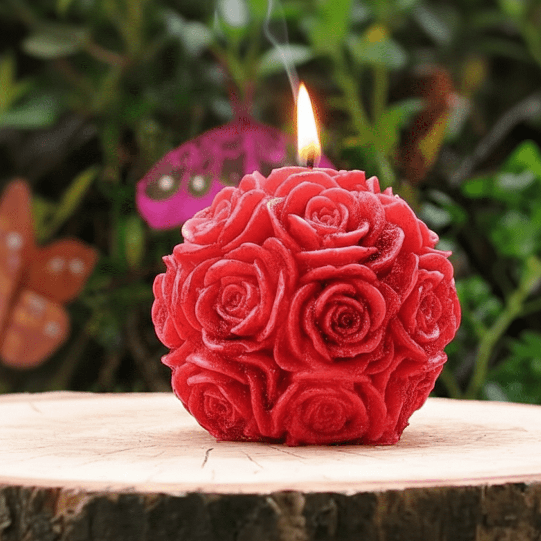Red rose ball candle with detailed floral design and glowing flame