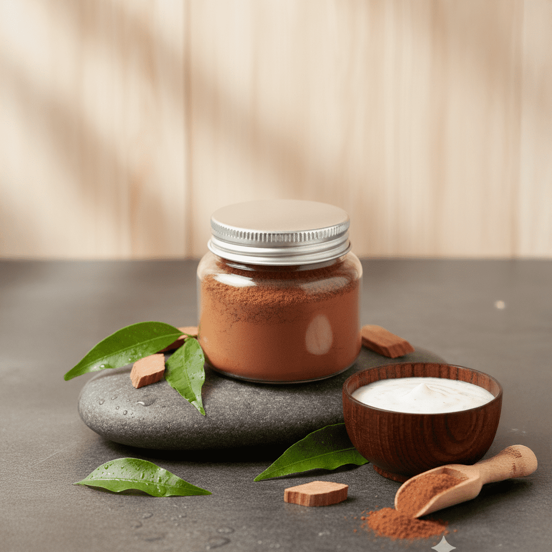 Pure red sandalwood powder in glass jar with wooden scoop – natural rakta chandan powder